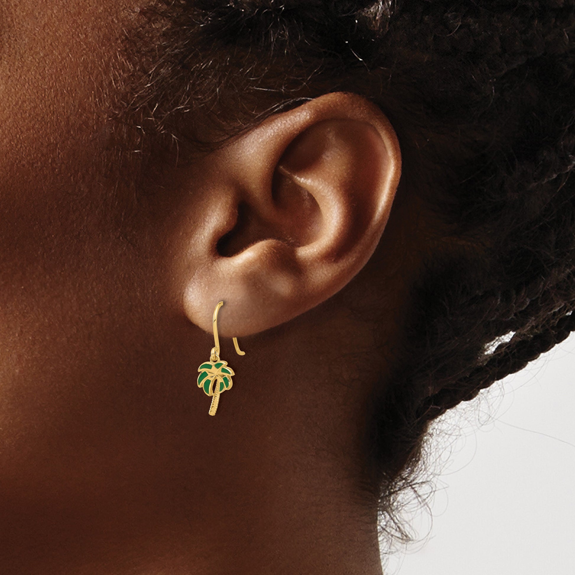 14k Polished Green Enameled Palm Tree Dangle French Hook Earrings