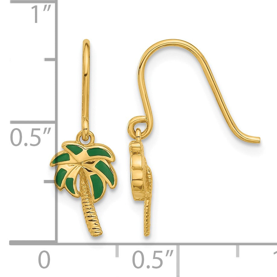 14k Polished Green Enameled Palm Tree Dangle French Hook Earrings
