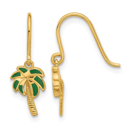 14k Polished Green Enameled Palm Tree Dangle French Hook Earrings