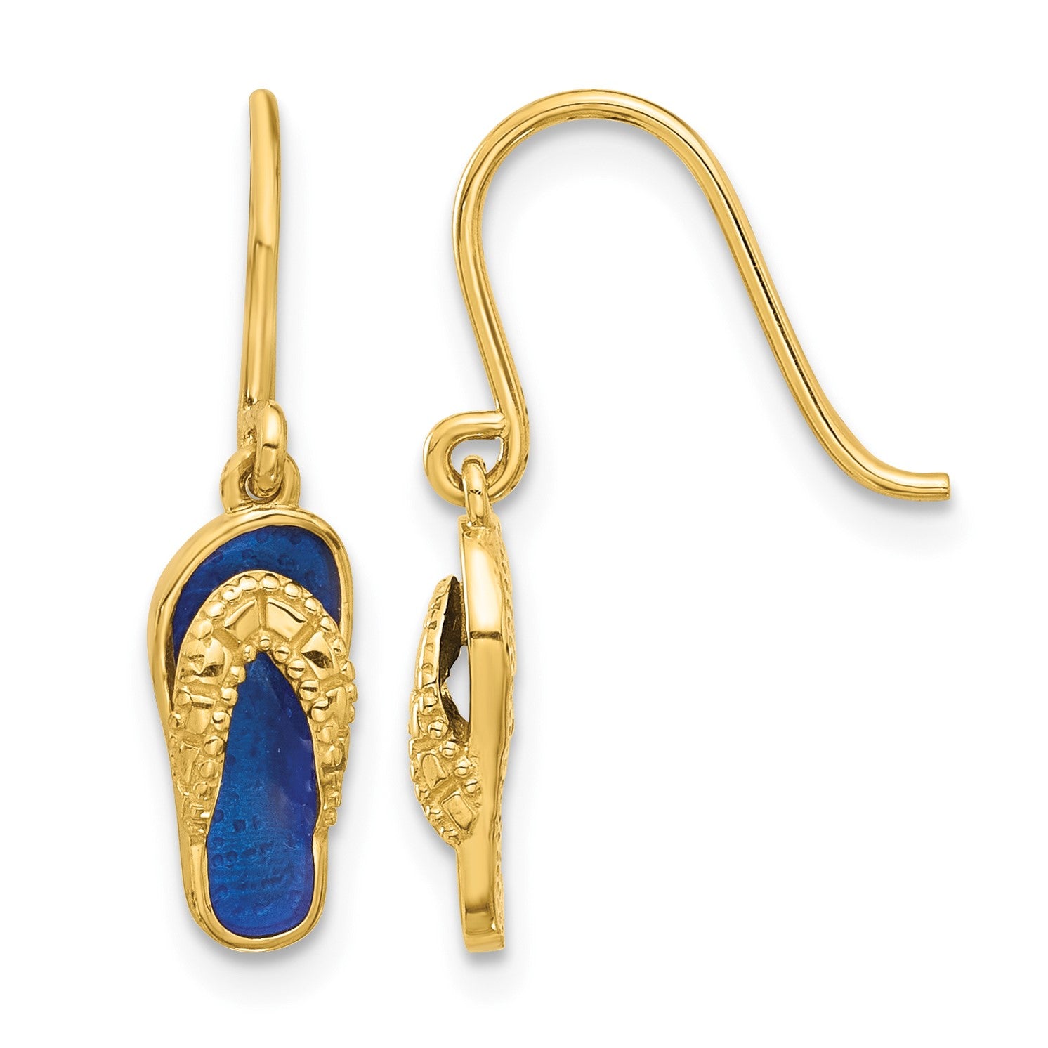 14k Polished Blue Enameled Flip-Flop French Hook Dangle Earrings