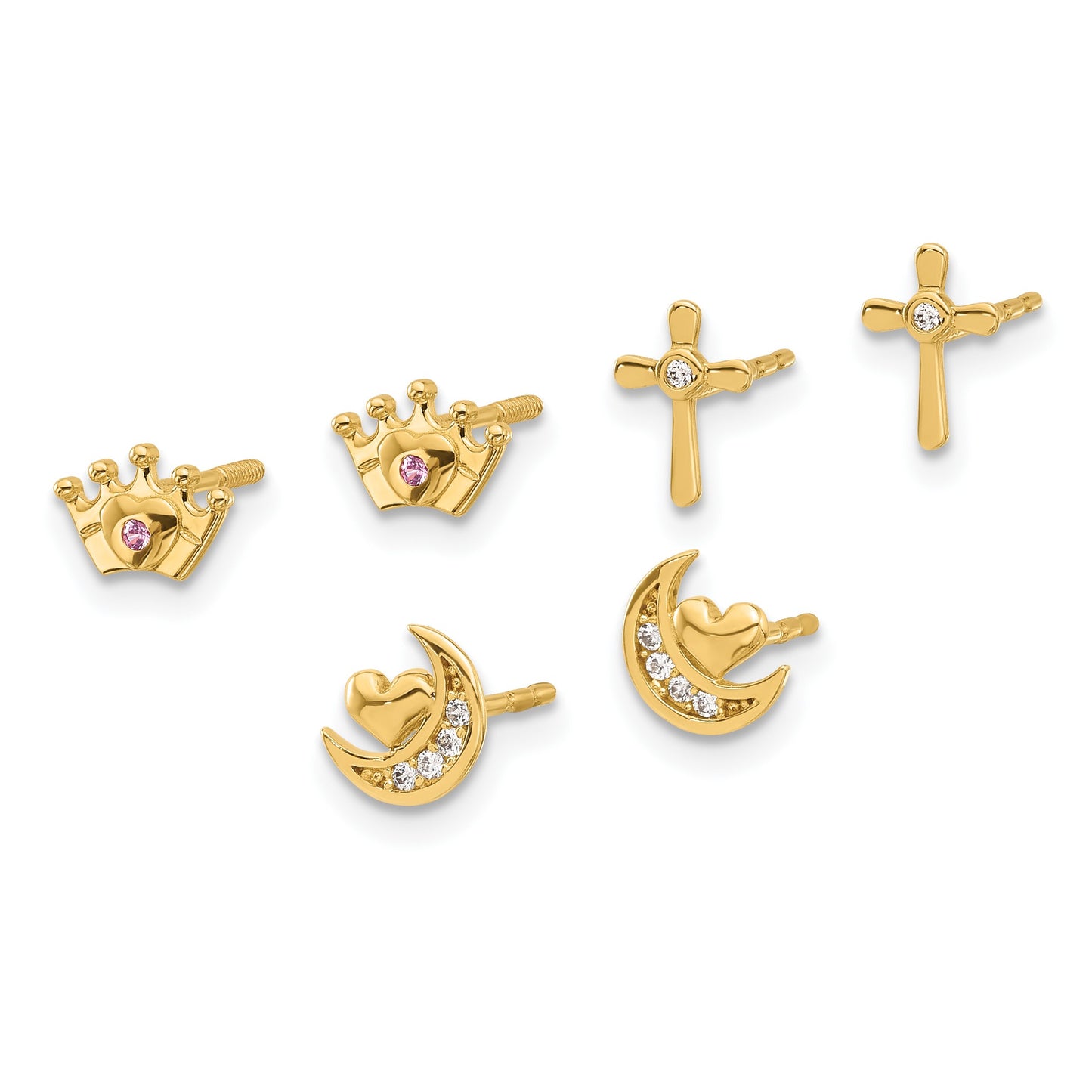 14K Polished Clear and Pink CZ Moon/Cross/Crown 3-Pair Post Earring Set