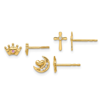 14K Polished Clear and Pink CZ Moon/Cross/Crown 3-Pair Post Earring Set