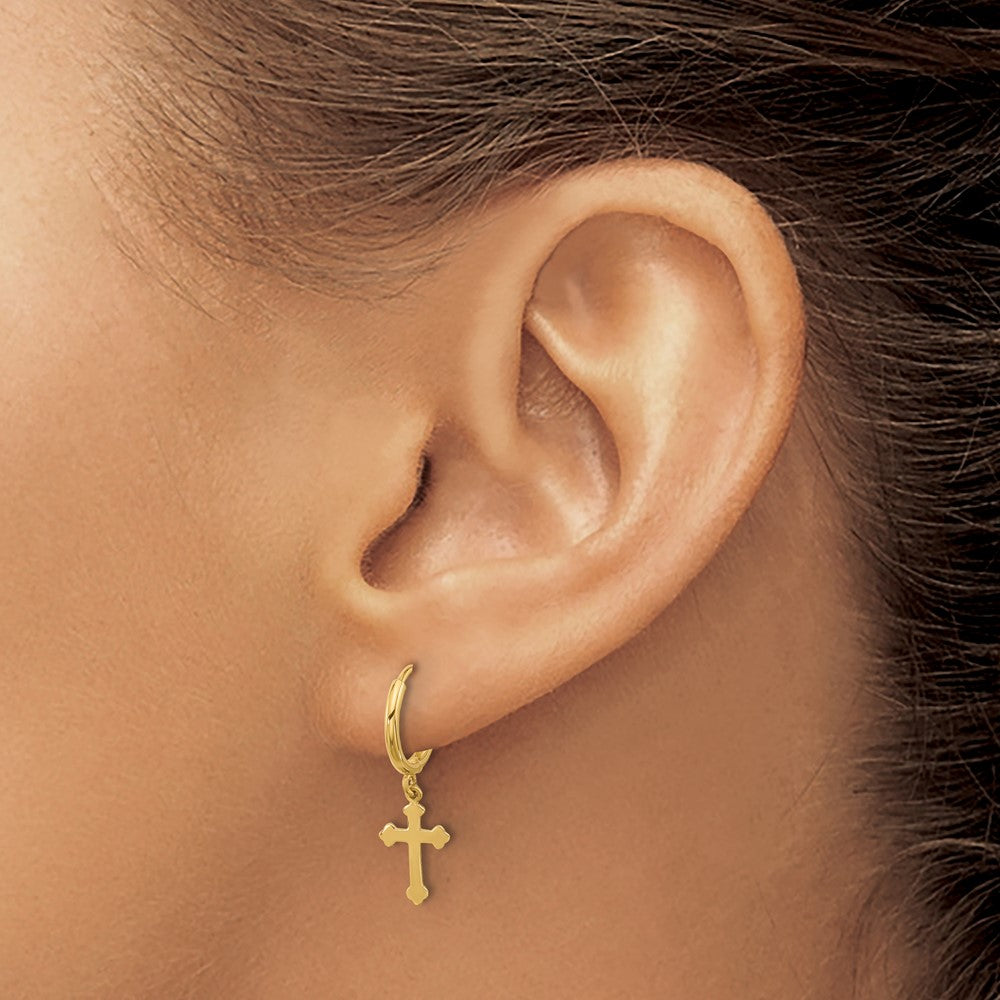 14K Hinged Dangle Cross Hoop Earrings