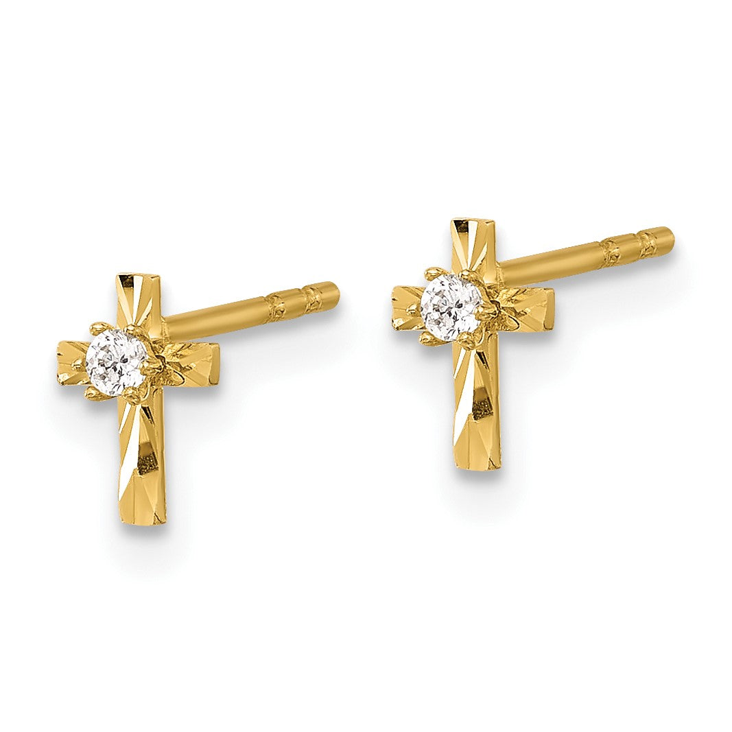 14K Polished Diamond-cut Mini CZ Cross Post Earrings