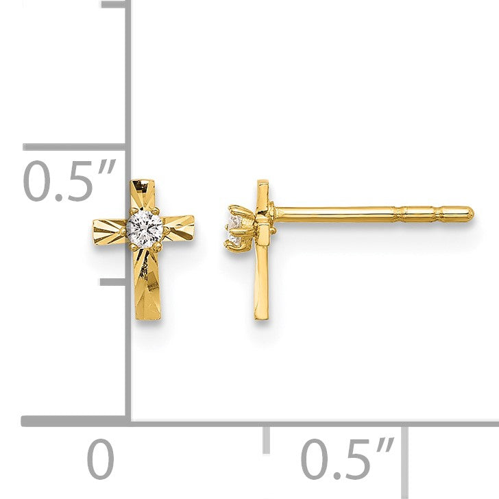 14K Polished Diamond-cut Mini CZ Cross Post Earrings