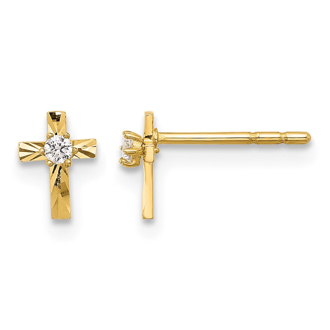 14K Polished Diamond-cut Mini CZ Cross Post Earrings