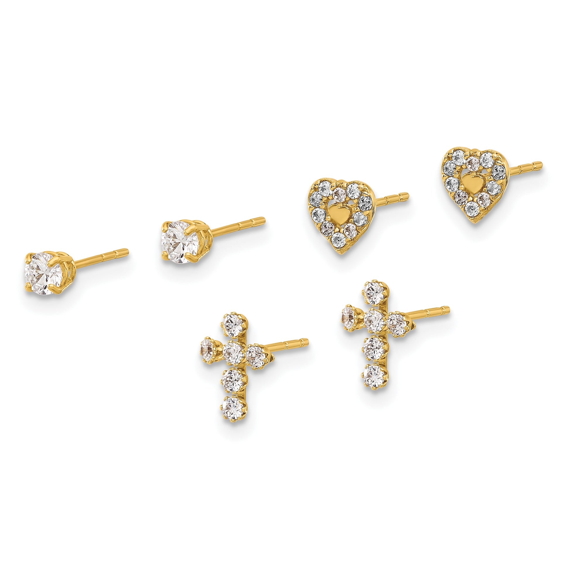 14K Polished 3mm CZ/Cross/Heart 3-Pair Post Earring Set