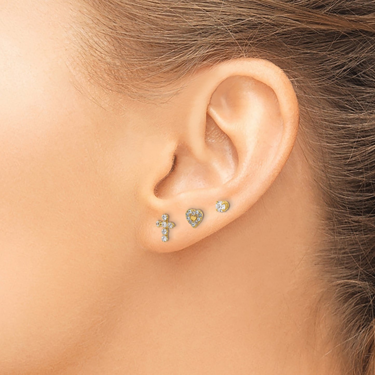 14K Polished 3mm CZ/Cross/Heart 3-Pair Post Earring Set