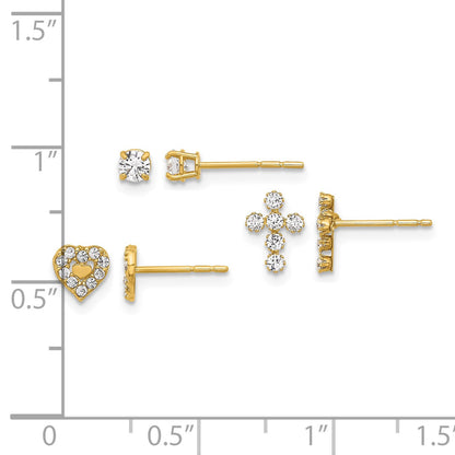 14K Polished 3mm CZ/Cross/Heart 3-Pair Post Earring Set