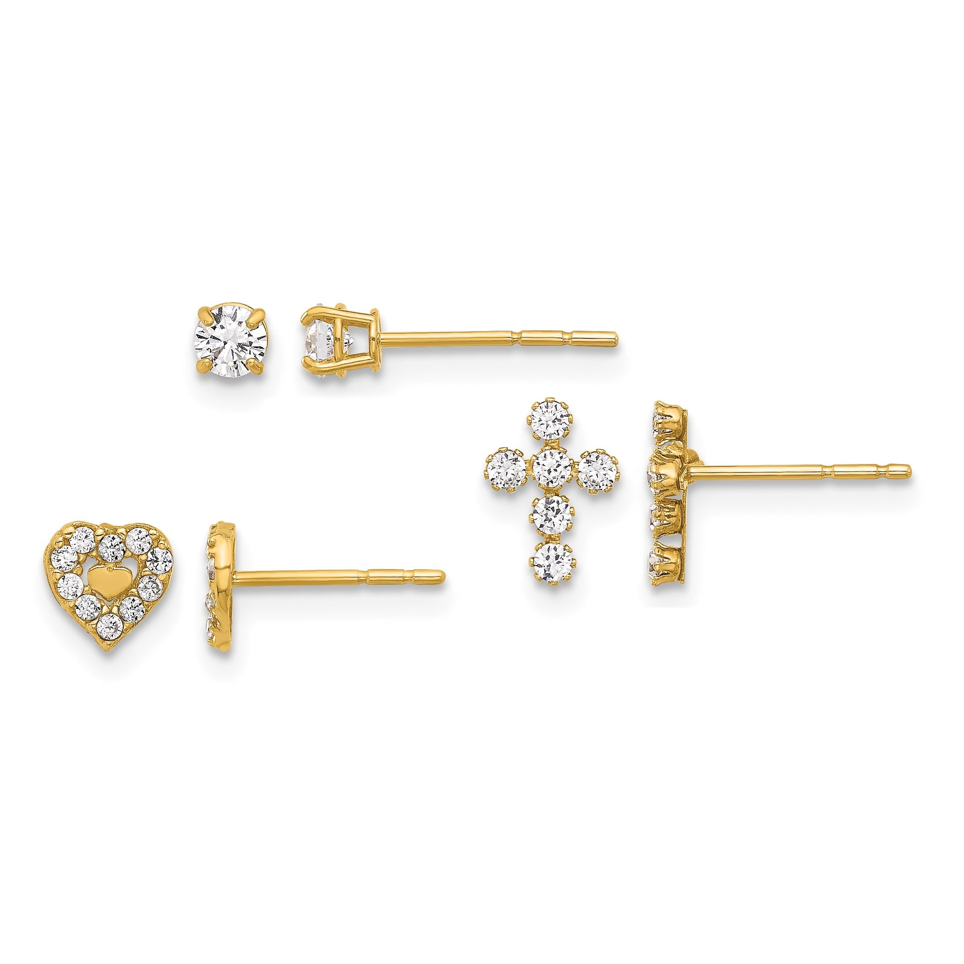 14K Polished 3mm CZ/Cross/Heart 3-Pair Post Earring Set