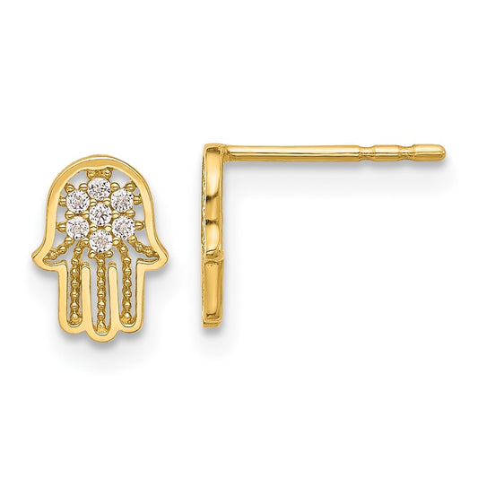 14K Polished CZ Hamsa Post Earrings