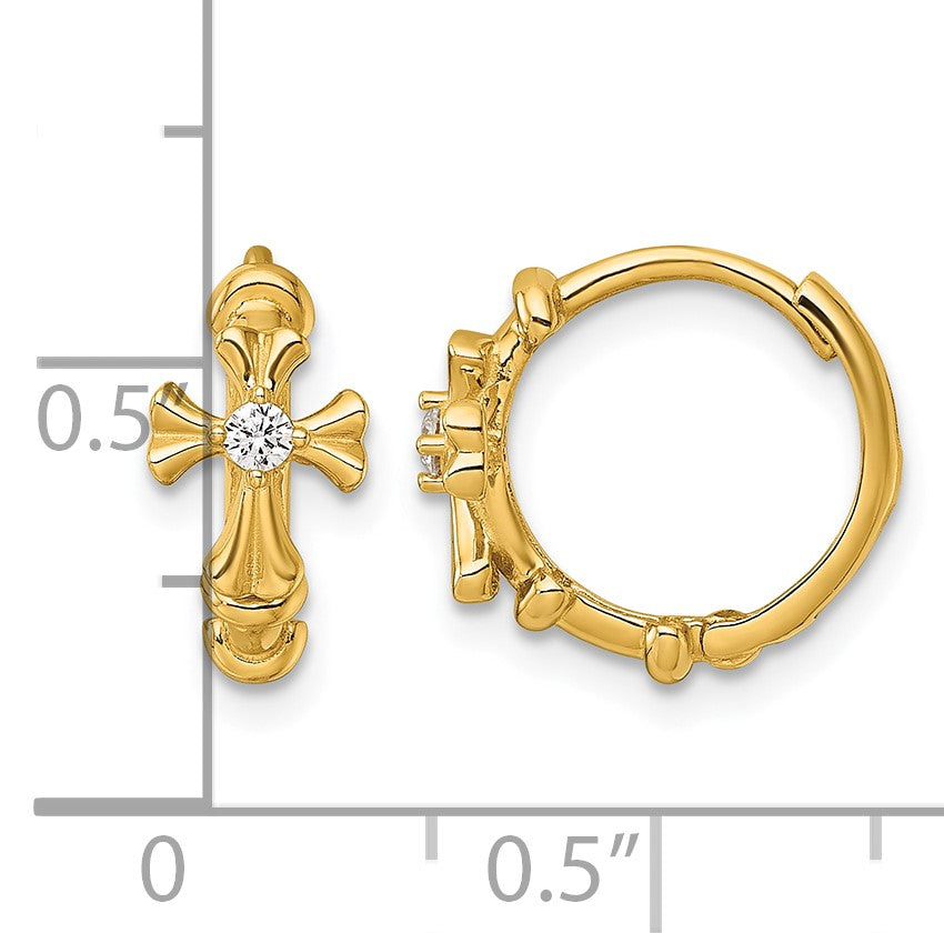 14k Polished CZ Cross Round Hinged Hoop Earrings
