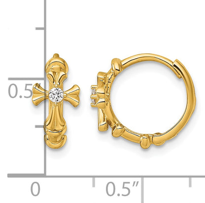 14k Polished CZ Cross Round Hinged Hoop Earrings