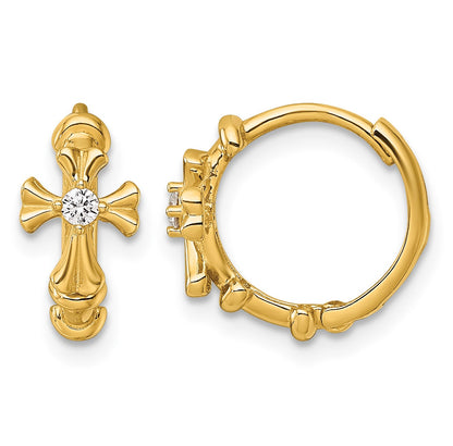 14k Polished CZ Cross Round Hinged Hoop Earrings