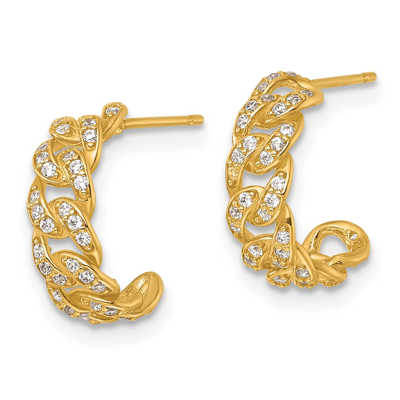 14k Polished CZ Curb Link C-Hoop Post Earrings
