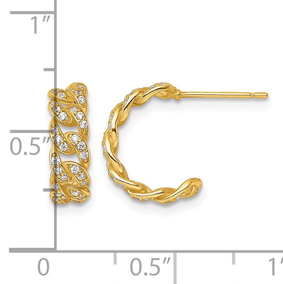14k Polished CZ Curb Link C-Hoop Post Earrings