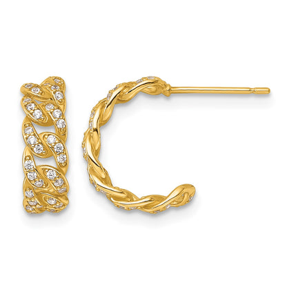 14k Polished CZ Curb Link C-Hoop Post Earrings