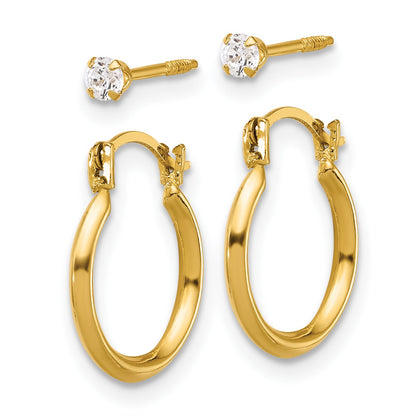 14k Set of Two Pair Polished 1.50x14mm Hoop and 2.5mm White CZ Screwback Post Earrings