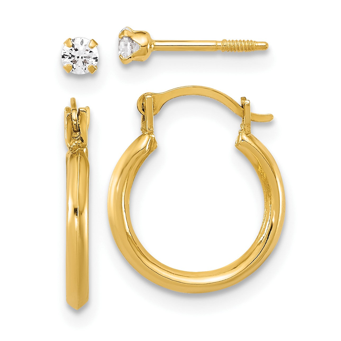 14k Set of Two Pair Polished 1.50x14mm Hoop and 2.5mm White CZ Screwback Post Earrings
