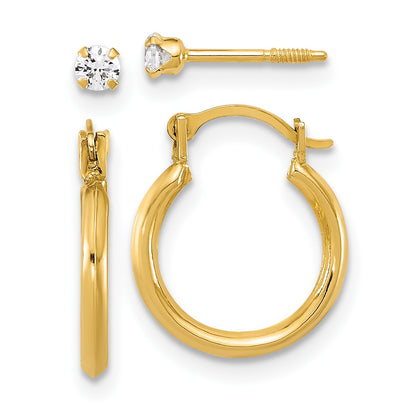 14k Set of Two Pair Polished 1.50x14mm Hoop and 2.5mm White CZ Screwback Post Earrings
