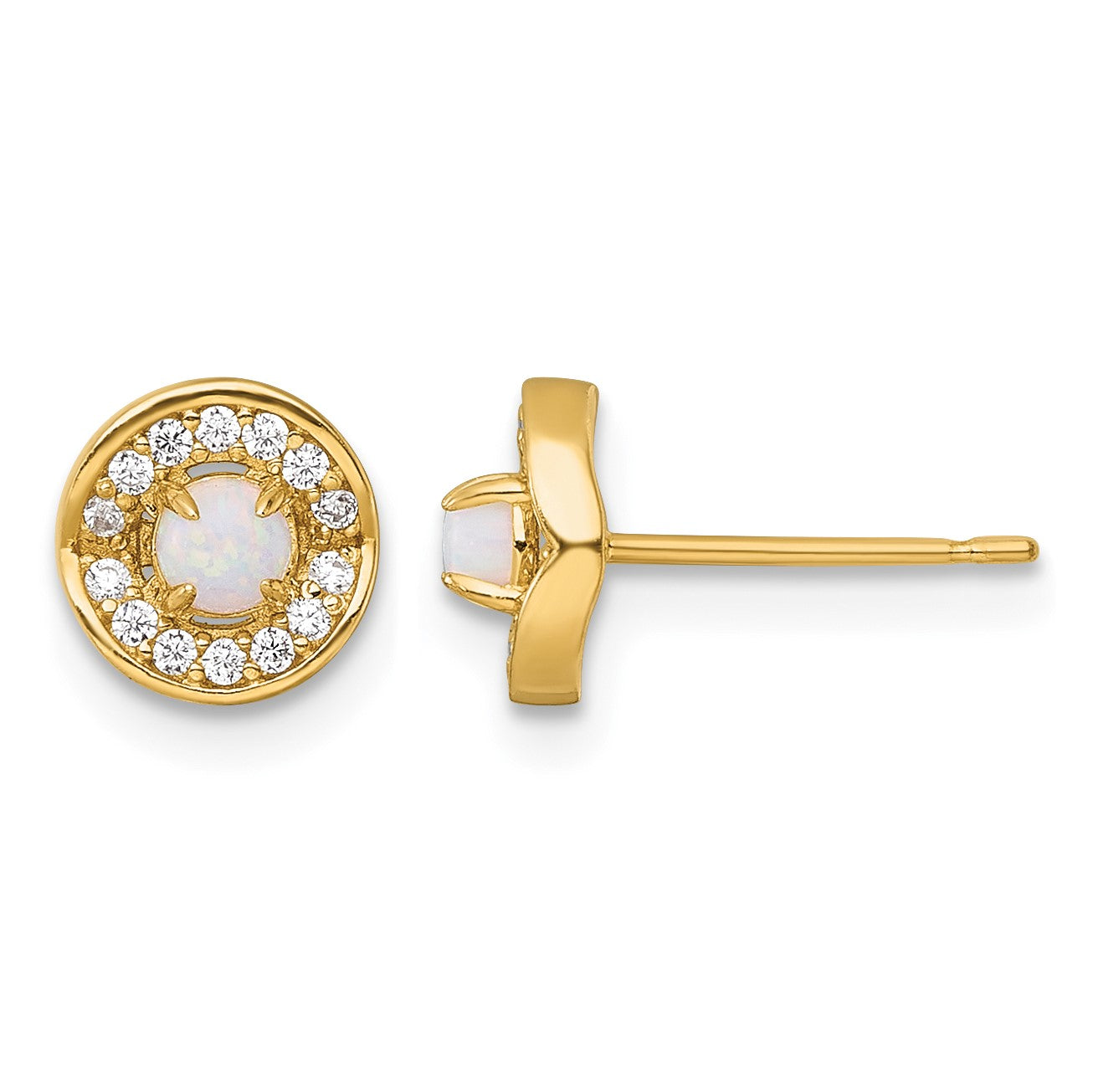 14k Polished Lab Created Opal and CZ Halo Post Earrings