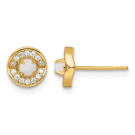 14k Polished Lab Created Opal and CZ Halo Post Earrings