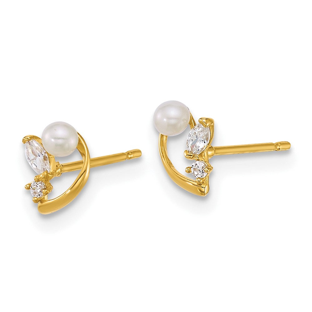 14k Polished CZ and Freshwater Cultured Pearl Post Earrings