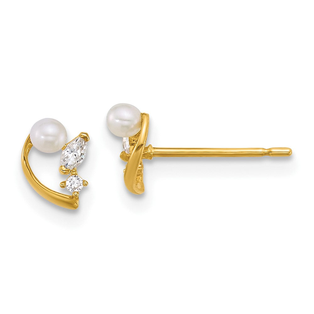 14k Polished CZ and Freshwater Cultured Pearl Post Earrings