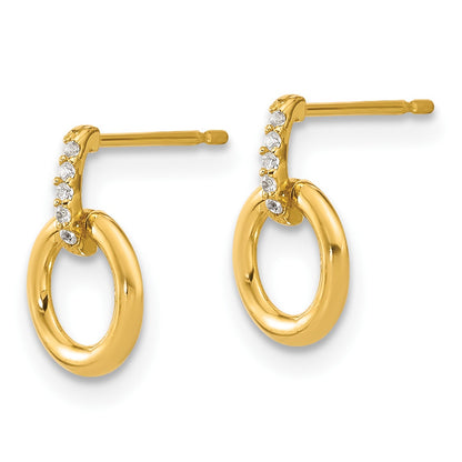 14k Polished CZ 11mm Circle Dangle Post Earrings
