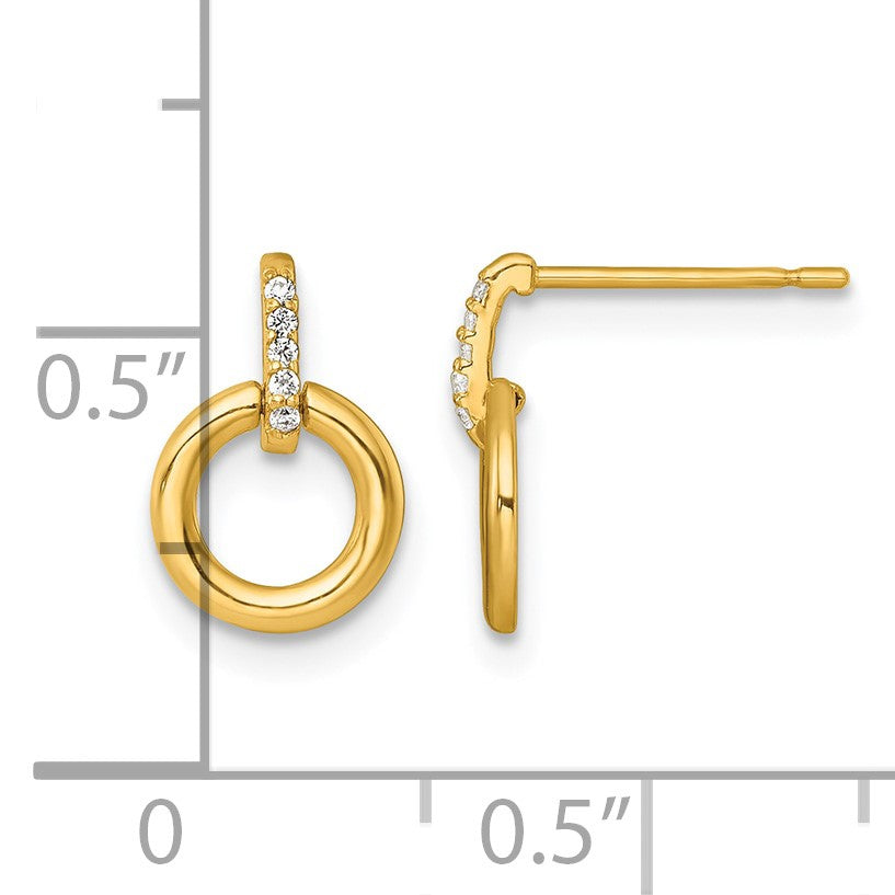 14k Polished CZ 11mm Circle Dangle Post Earrings