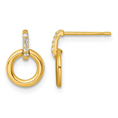 14k Polished CZ 11mm Circle Dangle Post Earrings