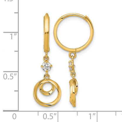 14k Polished and Twisted Dangling Circle and CZ Round Hinged Hoop Earrings