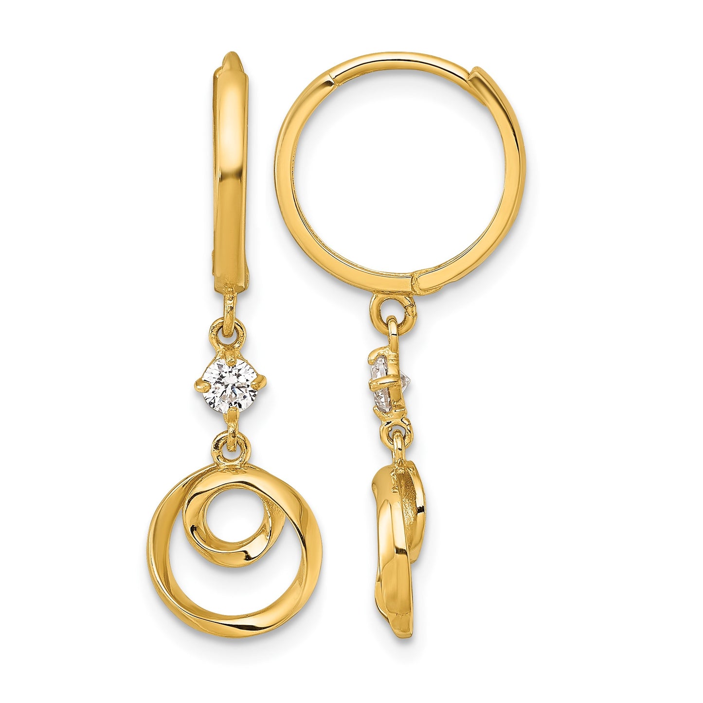 14k Polished and Twisted Dangling Circle and CZ Round Hinged Hoop Earrings