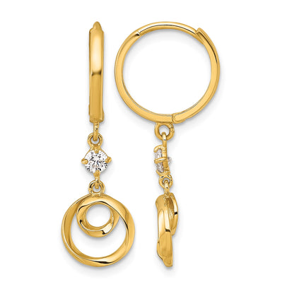 14k Polished and Twisted Dangling Circle and CZ Round Hinged Hoop Earrings