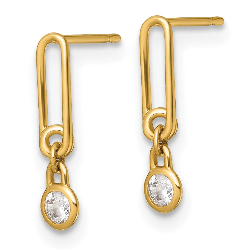 14k Polished Bezel CZ and Paperclip Link Dangle Post Earrings