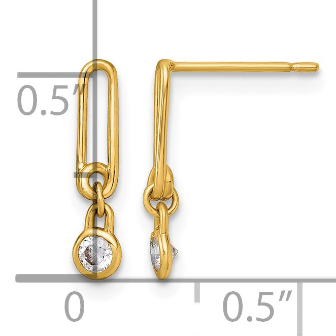 14k Polished Bezel CZ and Paperclip Link Dangle Post Earrings
