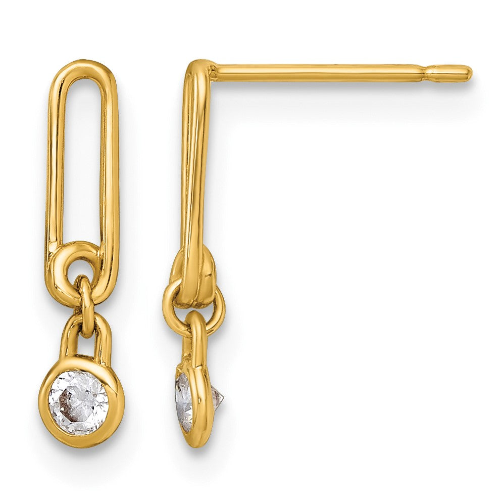 14k Polished Bezel CZ and Paperclip Link Dangle Post Earrings