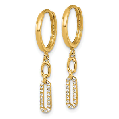 14k Polished CZ Long Paperclip Link Dangle Round Hinged Hoop Earrings