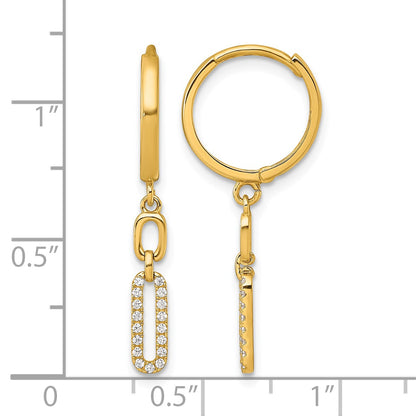 14k Polished CZ Long Paperclip Link Dangle Round Hinged Hoop Earrings