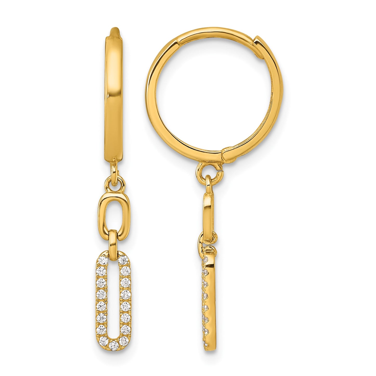 14k Polished CZ Long Paperclip Link Dangle Round Hinged Hoop Earrings