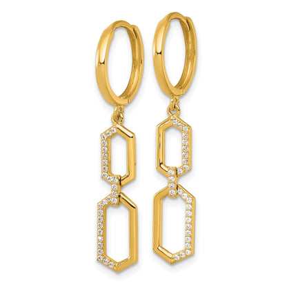 14k Polished CZ Hexagon Dangle Round Hinged Hoop Earrings