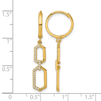 14k Polished CZ Hexagon Dangle Round Hinged Hoop Earrings