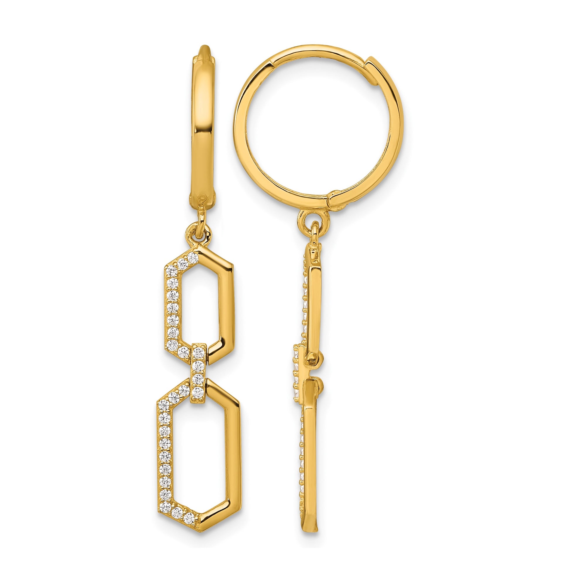 14k Polished CZ Hexagon Dangle Round Hinged Hoop Earrings
