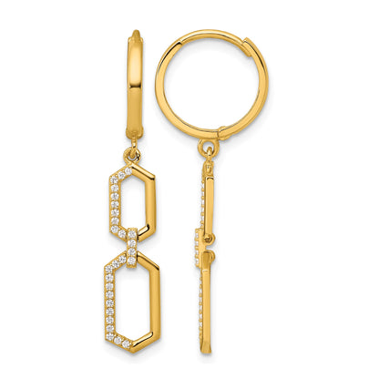 14k Polished CZ Hexagon Dangle Round Hinged Hoop Earrings
