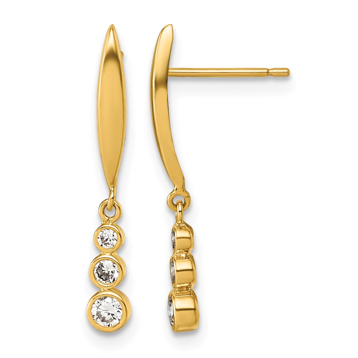 14K Polished Graduated Triple CZ Dangle Post Earrings