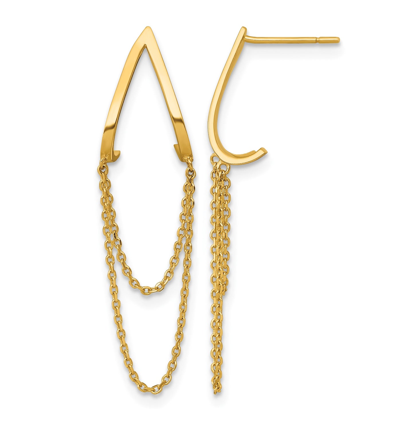 14k Polished V-Design with Dangle Chains Post Earrings