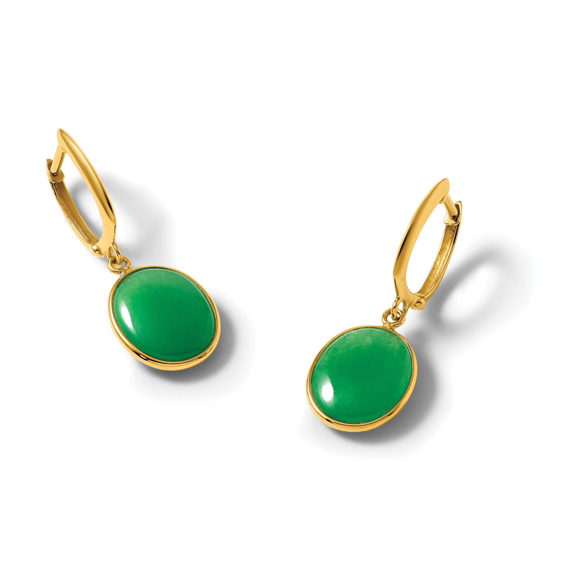 14K Polished Oval Jade Cabochon Dangle Hinged Hoop Earrings