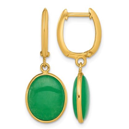 14K Polished Oval Jade Cabochon Dangle Hinged Hoop Earrings