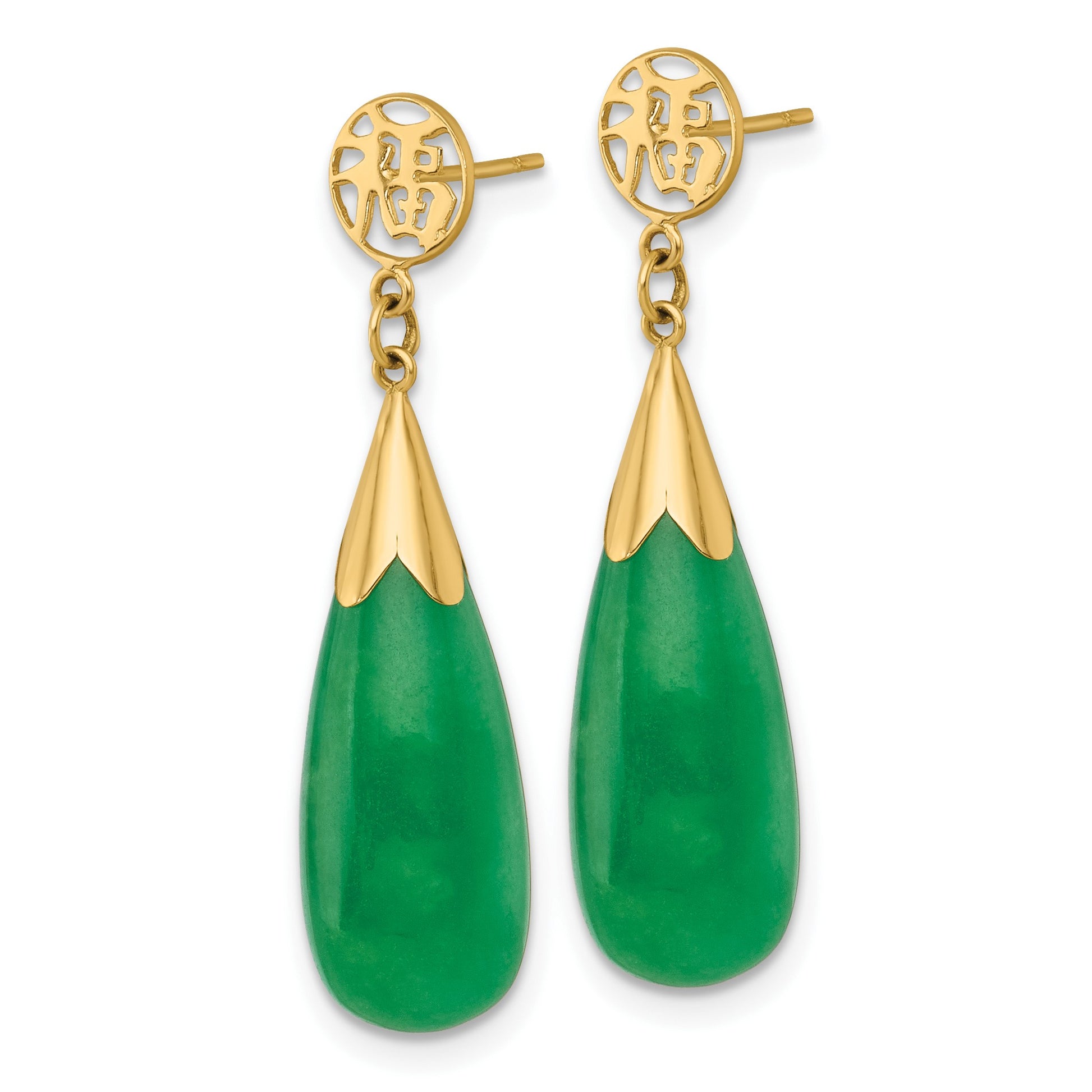 14K Polished Good Luck Symbol Jade Teardrop Dangle Post Earrings