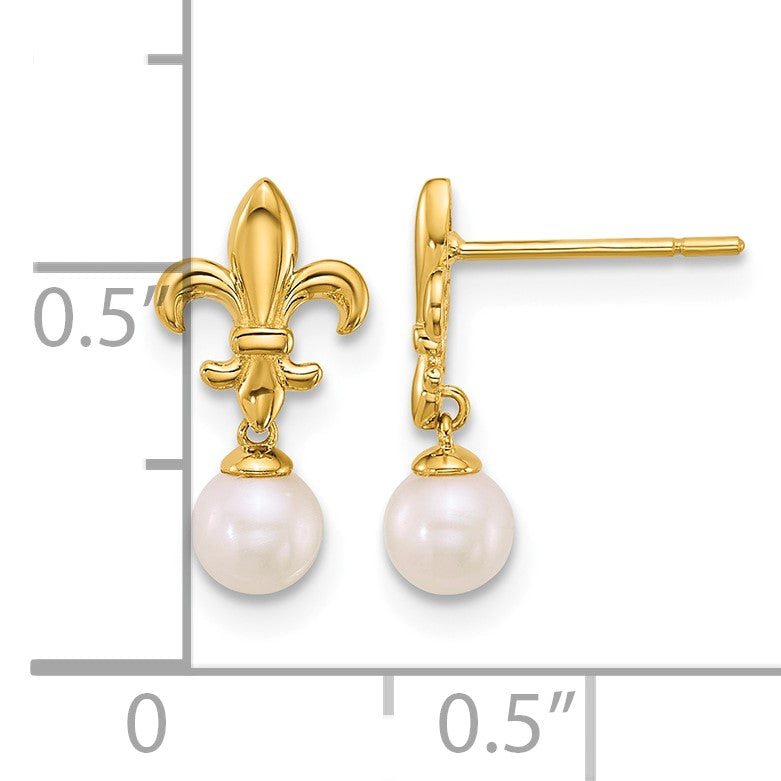 14k Polished Fleur de Lis 3-4mm Freshwater Cultured Pearl Post Dangle Earrings